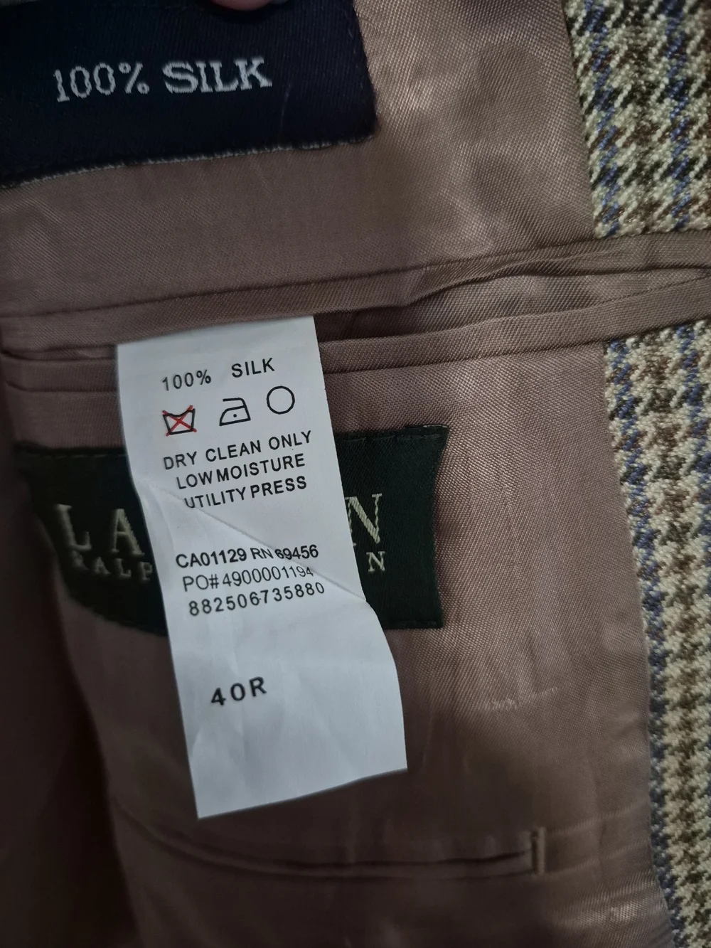 Lauren Ralph Lauren 100% Silk Men's Classic Tan Houndstooth Blazer Size 40R